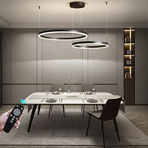 Pendelleucht Wohnzimmer Kupfer Lampe Esstisch Höhenverstellbar Deckenlampe LED Kronleuchter Moderne Stil Anhänger Mit Elegantem Designdimmbar Mit Fernbedienung Rund Ringe Hängeleuchte ,Schwarz,2 rings
