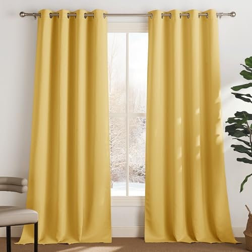 PONY DANCE Wohnzimmer Gardinen mit Ösen 2er Set H 245 x B 140 cm Wärmeisolierende Vorhänge Senfgelb Verdunkelungsgardine Thermovorhang gegen Hitze Curtains for Living Room