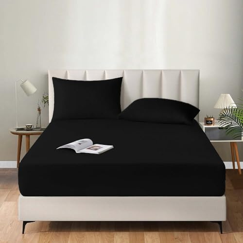 EV Dekor® MF123 Spannbettlaken für Doppelbett, tiefes Taschen-Bettlaken, 30 cm, weich gebürstetes Mikrofasergewebe, schrumpft und lichtbeständig, Spannbetttuch, Doppelbett-Bettlaken, Schwarz