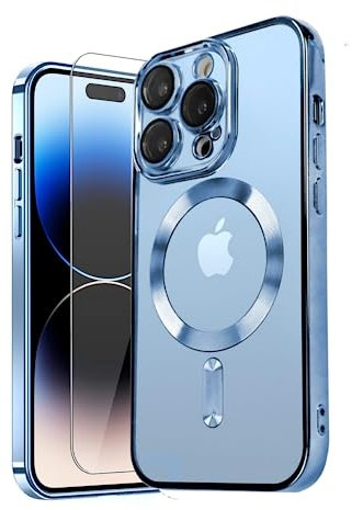 MH TECH Electroplated Case for iPhone 13 Pro Max Camera Lens Full Protection, Compatible with MagSafe Wireless Charging, Shockproof Soft TPU Phone Cover (Blue)