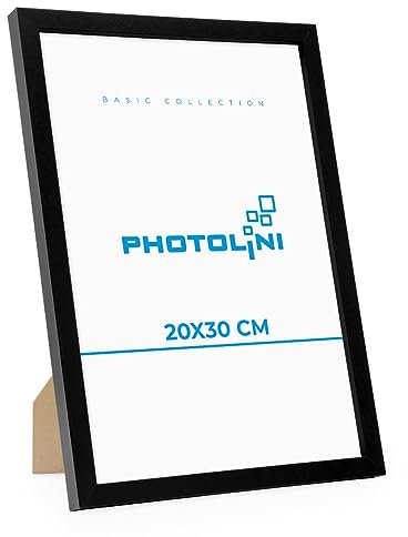 PHOTOLINI Cadre 20 x 30 bois MDF noir, cadres photo pour posters et affiches, verre acrylique incassable, décoration murale à suspendre & à poser, avec accessoires supplémentaires