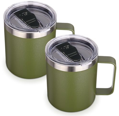 Volhoply 14oz Insulated Stainless Steel Coffee Mug with Lid Bulk 2 Pack,Double Wall Vacuum Travel Coffee Cup with Handle,Reusable Metal Tumbler,Camping Mugs Keep Hot,Christmas Gifts(Army Green,2)