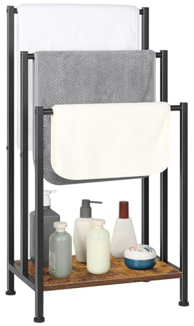 Freestanding Towel Rack, 3 Tier Metal Towel Rack Blanket Rack Stand for Bedroom, Bath Towel Holder Stand Floor for Bathroom Floor Towel Holder with Wooden Storage Shelf, Rustic Brown