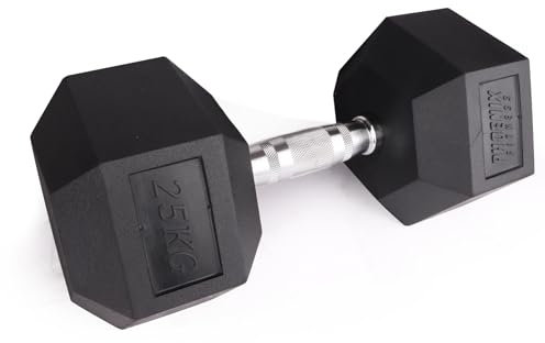 Phoenix Fitness Hex Dumbbell - Single Rubber & Cast Iron Hexagonal Dumbell Hand Weights for Men and Women at Home & Gym - Weight: 25kg
