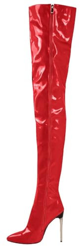 FGRID Stivali alti alla coscia donna in pelle verniciata, tacchi a spillo sexy sopra il ginocchio, stivali lunghi sera con cerniera laterale in PU a punta di grandi dimensioni,Rosso,41