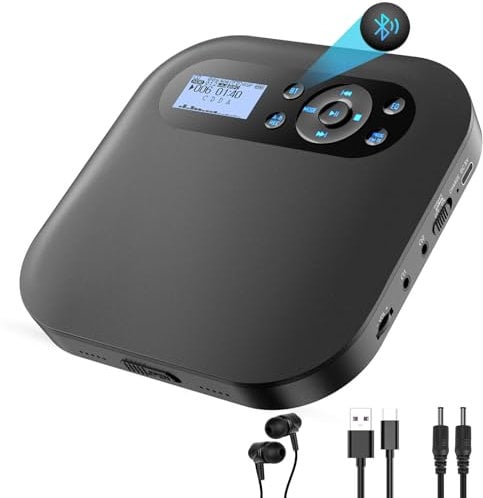 Lettore CD portatile con Bluetooth, NUOVO Lettore CD Discman ricaricabile per auto con FM, Due altoparlanti stereo, Anti-Skip, Due connettori per cuffie, Per regalo