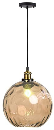 EKSED Suspension Boule Verre Ondulé - Lampe Suspendue Vague avec Abat-Jour Laiton pour Îlot Cuisine & Salle à Manger (Ambre,20cm)