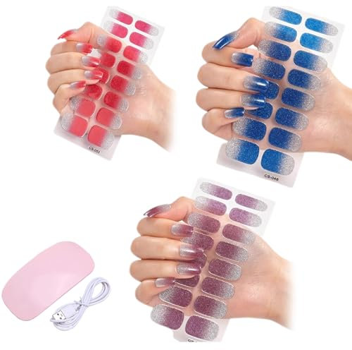 Gel Nail Stickers with Light Kit, Gel Nail Stickers,DIY Gel Nail Stickers Kit,Semi Cured Gel Nails,Gel Nail Stickers Set (C,3PCS)
