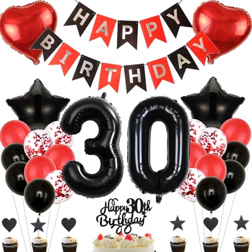 Anlgdi Deko-Set 30. Geburtstag Frau/Mann - Rot, Schwarz - Hochwertige Ballons & Dekoration für 30. Geburtstagsparty - 34 Stück