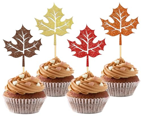 24 Stück Glitzer Ahornblätter Cupcake Toppers, Herbst Kuchendeko, Erntedankfest Tortendeko für Erntedankfest, Thanksgiving Party Dekoration, Herbst Deko (4 Ahornblatt)