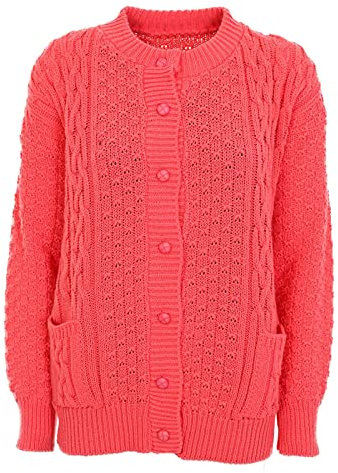 New Womens Ladies Button Up 2 Front Pockets Full Sleeve Round Neck Cable Knitted Cardigan Coral - Mb 20-22