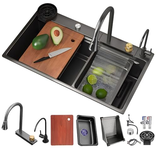 DSMRLEOP Fregadero de cocina Nano de acero inoxidable, 68x45cm multifuncional, cascada, fregadero individual con grifo extensible, lavavajillas de alta presión, escurridor – Fácil de poner