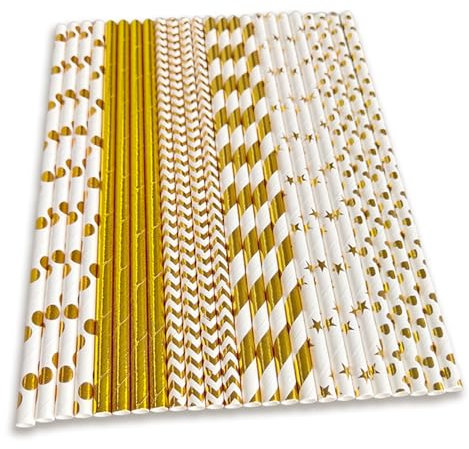 100 Stück Bronzing Gold papierstrohhalme, Trinkhalme Papier Biologisch Abbaubare, biologisch abbaubare Multi-Pattern Party Strohhalme, Papierstrohhalm für Geburtstag, Hochzeit, Babyparty, Feier