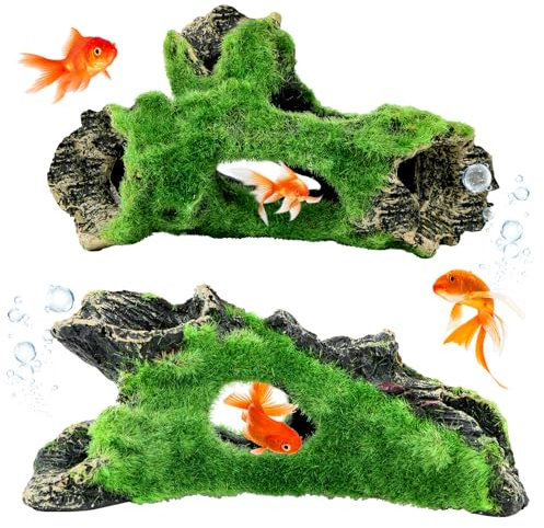 Encuryna 2 Stück Aquarium Dekoration, Simulation Moos Deko Harz Aquarium Höhle Deko Fisch Tank Ornament, Harz Dekoration Baumstamm Aquarienzubehör für Fische Garnelen Verstecken