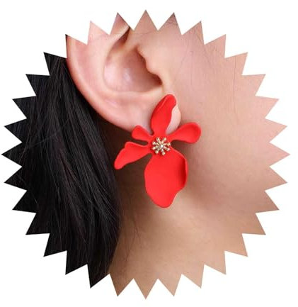 Xmsrn Boucles D'oreilles Clou Fleur Rouge Vintage Boucles D'oreilles Fleur Émaillée Rouge Boucles D'oreilles Fleuries Mates Boucles D'oreilles Clou Fleuri Grandes Pétales Fleurs Pour Femmes