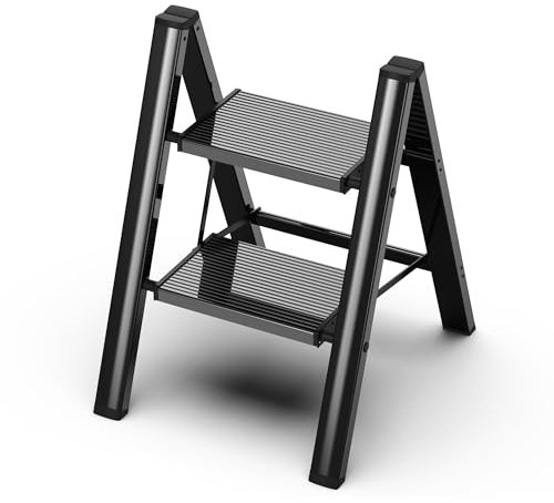 GameGem 2 Step Ladder, Folding Step Stool with Anti-Slip Wide Pedal, Aluminum Material Lightweight yet Sturdy, 150 KG Loading, Cute Modern Apperance for Indoor Household Spaces, Black