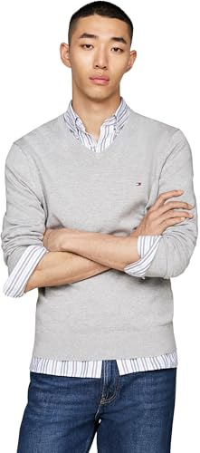 Tommy Hilfiger Herren Pullover Essential Cotton V-Ausschnitt, Grau (Light Grey Heather), M