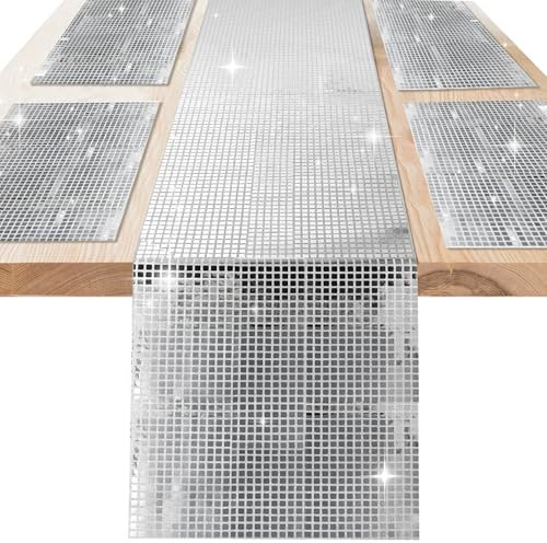DPKOW Runner da tavolo argento, sottopiatto, decorazioni da tavolo disco per laurea, matrimonio, compleanno e forniture per feste