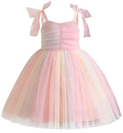 JiAmy Regenbogenkleider Mädchen Ärmellos Tüllkleid Rosa Rock mit Pailletten Trägerkleid mit Schleife Regenbogenkleid für Kinder für 4-5 Jahre