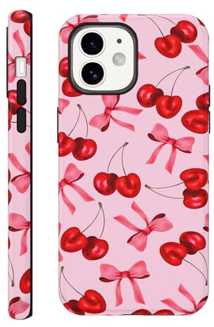 Phoona Cute Case for iPhone 12 / iPhone 12 Pro 6,1, Preppy Cherry Bow Girly Aesthetic Dsign Pattern for Girl Women, Shockproof Slim Soft TPU and Hard PC Frosted Double Protective Cover, Pink 01