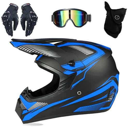 Casque de Motocross Pour Jeunes Et Adultes, Homologué DOT, Avec Lunettes, Gants, Masque, Casque de Moto Tout-Terrain, éQuipement de Protection Pour Moto, VTT, Cross-Country(Blue track,XL (58-59cm))