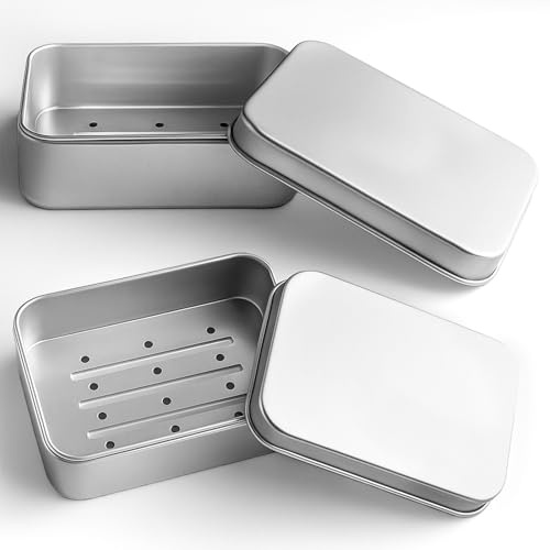 2PCS Travel Soap Case Metal Aluminum Travel Soap Container with Lid Self Draining Bar Soaps Dish Storage Rack, Portable Moisture Resistant Soaps Holder for Camping Home Bathroom Storage