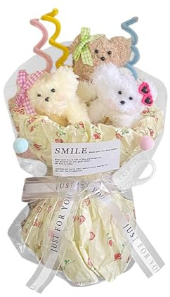 CoudarTitie Bouquet Cane Peluche Composizione Fiori Animale Peluche Realizzato in Modo Artigianale con Materiali Soffici Adatto per Regalo Donne Festa Compleanno, Beige
