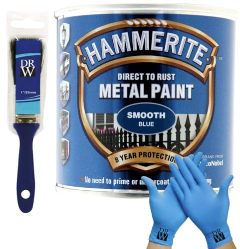 DRW Hammerite Direct to Rust Metal Paint Smooth Blue 250ml 1 Paint Brush & Free Nitrile Gloves | Durable Anti-Rust Protection for Indoor & Outdoor Metal