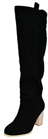 Stivali sopra il ginocchio da donna in pelle scamosciata – Stivali alti con tacco a blocco, eleganti stivali a punta lunga stretch décolleté biker, stivali alti al ginocchio vintage, Nero , 40 EU