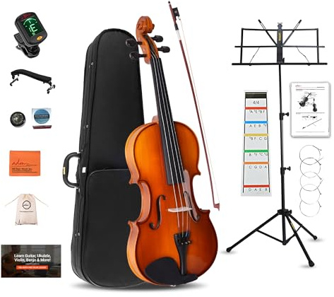 ADM Acoustic Violin for Beginner 4/4 Full Size Violin Set Solid Wood for Adult Teen Student Starter Kit with Tuner, Case, Shoulder Rest, Bow, Music Stand, Strings, Free Lessons,Yellow Brown