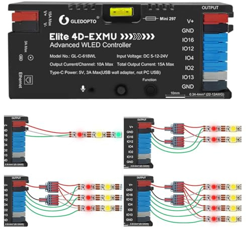 GLEDOPTO ESP32 WLED Controller mit Ethernet Musik Reaktion UART 20A Stecksicherung LED Controller für WS2811 WS2812 SK6812 WS2815 Digital Adressierbarer RGB IC Streifenlicht (618WL-4 Ausgänge)