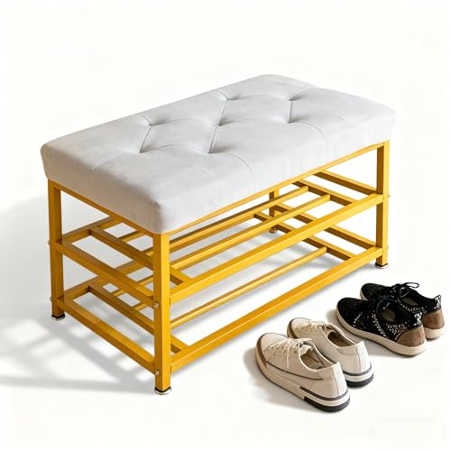 Generisch Schuhschrank mit Sitzkissen, Schuhregal mit Gepolstertem Kissen, Schuhorganizer mit 2 Großem Ebenen – Ideale Flurbank Für Kleine Räume, Einfache Montage, Golden (60×35×45cm)