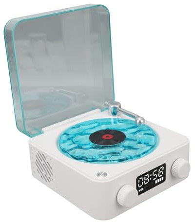 Alomejor Vintage-Plattenspieler mit Lautsprecher, Retro-Uhr, Schlafzimmer-Nachtlicht, Lithium-Batterie (White)