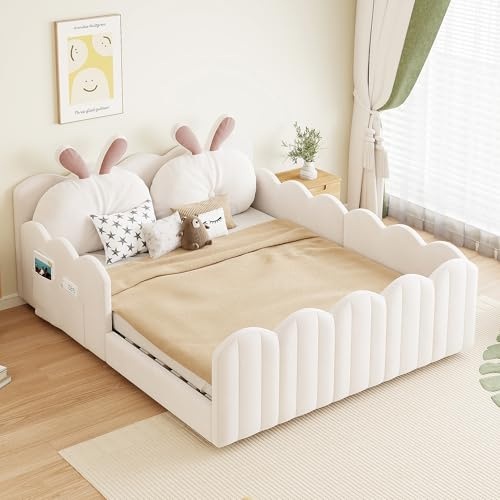 A ALFRESCOOL Kinderbett Polsterbett 140x200 cm, Plattformbett mit Kissen in Kaninchenform, Kinderbett, Bettgestell für Mädchen, Jugendbett mit Lattenrost, Ohne Matratze(Beige)