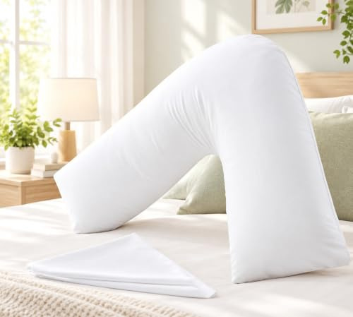 LOOMERIG Luxury V Pillow with Pillowcase 75 cm X 35 cm – Soft, Warm & Comfy V Shaped Pillow for Ultimate Comfort - Ideal for Pregnancy and Nursing (White)