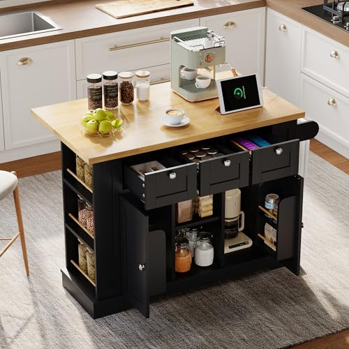 Bladez 132 cm Mobile Kücheninsel mit Klappbarer Arbeitsplatte, Küchenwagen auf Rollen mit Steckdose & USB, Landhausstil Küchentisch mit Schubladen, Gewürzregal & Handtuchhalter, MDF, Natur/Schwarz