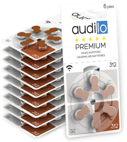Audilo – Batterie Premium per Apparecchi Acustici 312 (PR41) – Senza mercurio/Tecnologia zinco aria / 1.45 Volt – Pacco contenente 60 batterie (10 blister da 6 pile ognuno)