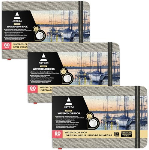 Arteza Aquarellbuch 9cm x 14cm, 2er-Pack mit jeweils 80 Seiten, 230g/m² kaltgepresstes säurefreies Aquarellpapier, gebunden in Leineneinband, für Aquarelltechniken und Mischtechnik
