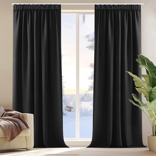 Deconovo Blickdichte Gardine mit Kräuselband Kinderzimmer Extra Warm Verdunkelungsvorhang Balkon, 240x140 cm(HöhexBreite), Schwarz, 2er Set