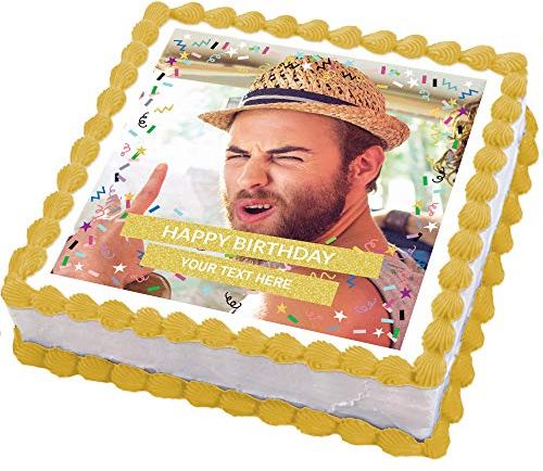 Cakeshop 7 (155 x 155mm) Square Happy Birthday Celebration Photo Upload Custom Personalised Edible Photo Cake Toppers Decorations - Precut Premium Icing Paper