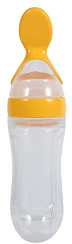 1Pc 90mL Biberón de silicona para bebés y bebés con cuchara Alimentador de cereales para alimentos frescos Alimentador de biberones para bebés Alimentador de cereales para bebés(yellow)