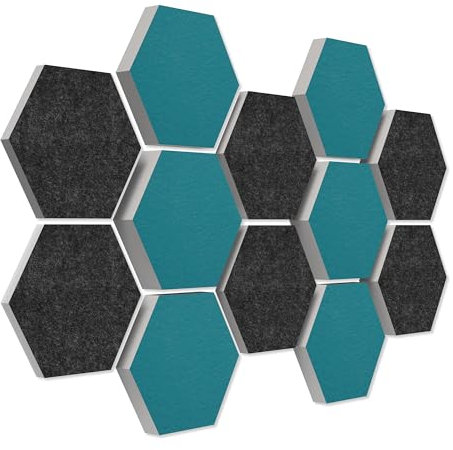 platino24 Akustikpaneele 12 Elemente Colore Waben Ø 30 cm Anthrazit + Petrol I Schallabsorber aus Basotect® G+ mit Akustikfilz I Schalldämmung Wand & Decke I Akustikelement Wandpaneel