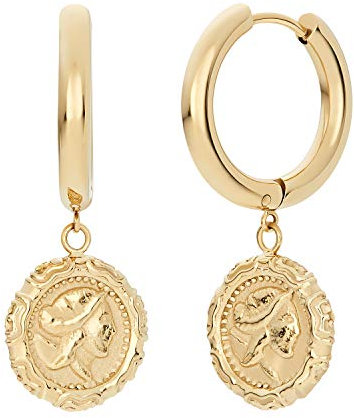 Noelani Damen Creolen vergoldet aus Edelstahl (3,7 cm) mit Münze, Gold, Münze, Kommt in Schmuck Geschenk Box, 2030642