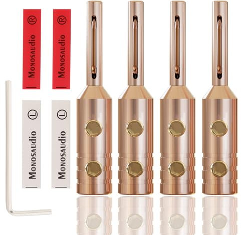 Monosaudio 4 Stück Bananenstecker 4mm High End Reines Kupfer Bananenstecker Schraubbarer HiFi Lautsprecherkabel Stecker für Wandplatte Heimkino Stecker