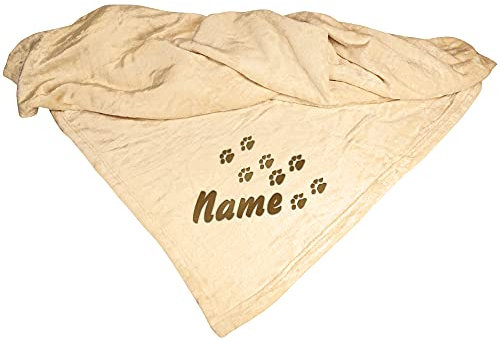 Schecker Mikrofaserdecke Premium Pfotenspur mit Name - Creme - 150 cm x 95 cm Bestickt mit dem Namen Ihres Hundes