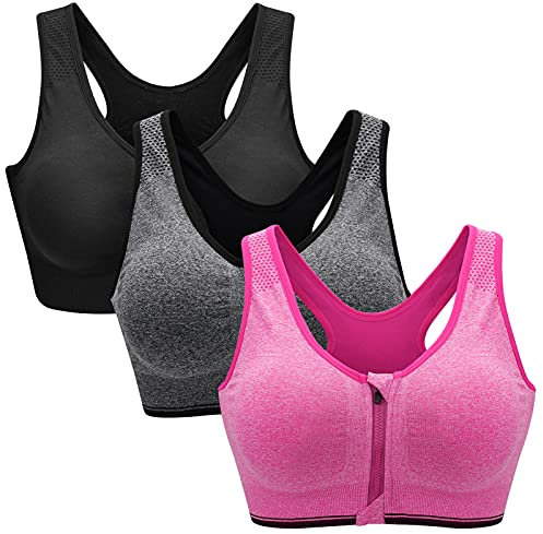 ZOEREA Soutien-Gorge de Sport Femme Zippée Devant Push Up Bra Vest Coussinets Amovibles pour Fitness Jogging Yoga Course Noir + Gris + Rose,4XL