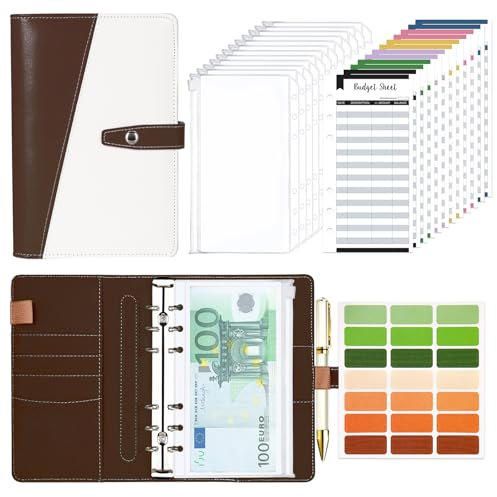 Budget Planner Budget Binder A6, Budgetplaner Geld Organizer mit Weiche PVC Tasche, TAOPE Leder Budget Binder Notizbuch A6 Cash Stuffing, 6 Löcher Budget Planner, Haushaltsbuch mit Geldfächer Braun