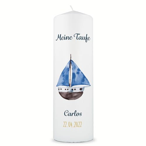 GRAVURZEILE Taufkerze Boot - Personalisiert mit Namen, Datum & Taufspruch - Hochwertige Stumpenkerze 250/80 mm - Personalisiertes Taufgeschenk für Mädchen & Jungen - Farbe: Junge