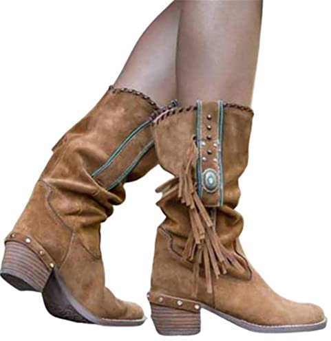 JFISQ Runder Zeh Western-Cowboystiefel Damen Niedriger Blockabsatz Booties Schuhe Retro Lässig Mode Kurze Stiefeletten Mit Fransen Atmungsaktiv rutschfest Arbeitsschuhe,Braun,39