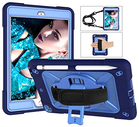 Funda para iPad Mini 1 / iPad Mini 2 / iPad Mini 3 – Triple Capa Ultra híbrida a Prueba de Golpes con Soporte para bolígrafo y Correa para el Hombro y Soporte Giratorio de 360° – (Azul Oscuro y Azul)